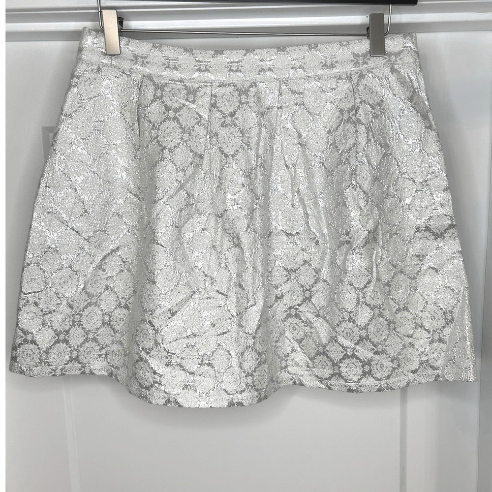 Hollister Womens Silver Metallic Jacquard Pleated Mini Skirt Large Brocade Party